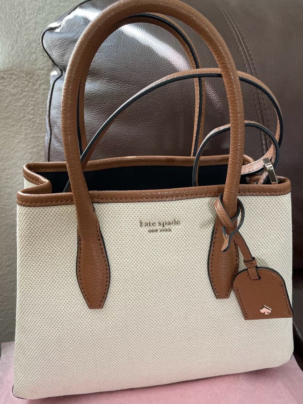 kate spade Eva crossbody hand bag Cream Canvas Tote with Brown Leather Trim